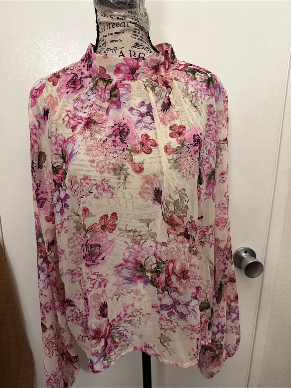 Floral High-Neck Long Sleeve Blouse - Pink Floral